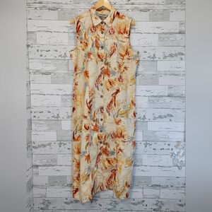 Bill Blass Denim Sleeveless Button Down Midi Dress Xlarge Floral Print Ivory